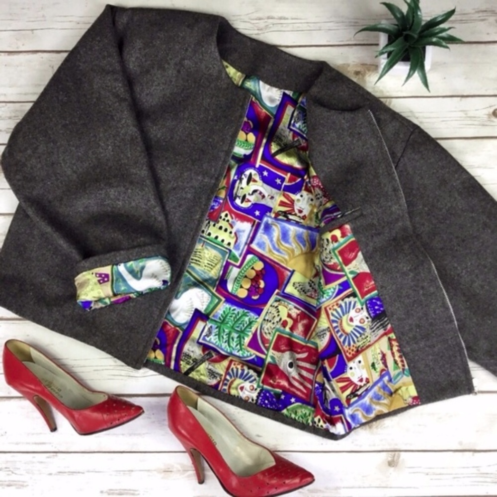Vintage Grey Boxy Wool Jacket with Silk Lining